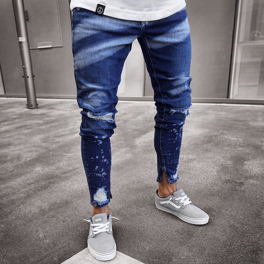 Wholesale Men's Painted Zip Slim Fit Ripped Skinny Jeans