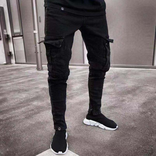 Wholesale Men's Stretchy Ripped Knee Zipper Skinny Jeans