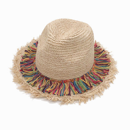 Women's Summer Rainbow Tassel Broken Edge Beach Hat Raffia Sun Hat