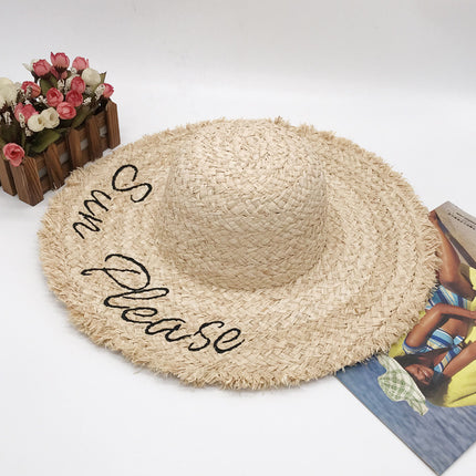 Women's Summer Foldable Beach Wide Brim Sun Hat Embroidered Letters Raffia Hat 