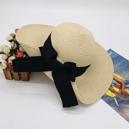 Women's Spring and Summer Large Bow Sun Protection Foldable Beach Hat Large Straw Hat 