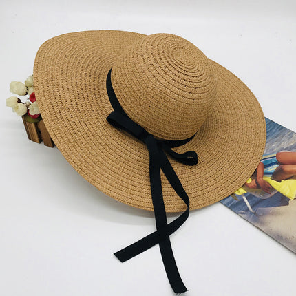 Women's Beach Sun Hat Big Brim Bow Sun Protection Dome Thin Straw Hat 