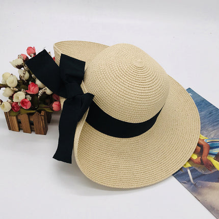 Women's Spring and Summer Large Bow Sun Protection Foldable Beach Hat Large Straw Hat 