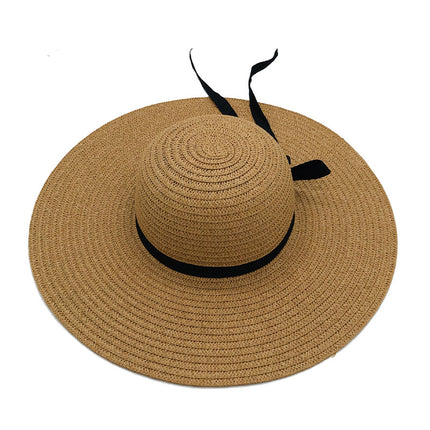 Women's Beach Sun Hat Big Brim Bow Sun Protection Dome Thin Straw Hat 