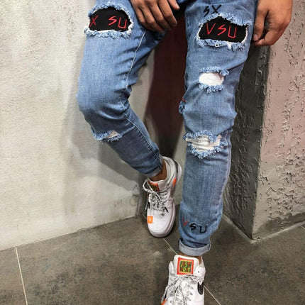 Wholesale Men's Ripped Embroidered Skinny Jeans