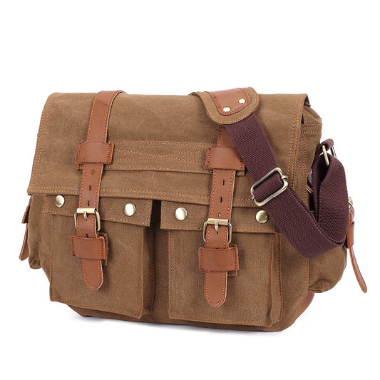 Men's Canvas Travel Bag with Leather Business Shoulder Crossbody Bag Casual Briefcase 