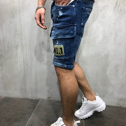 Wholesale Men's Ripped Slim Fit Badge Denim Shorts