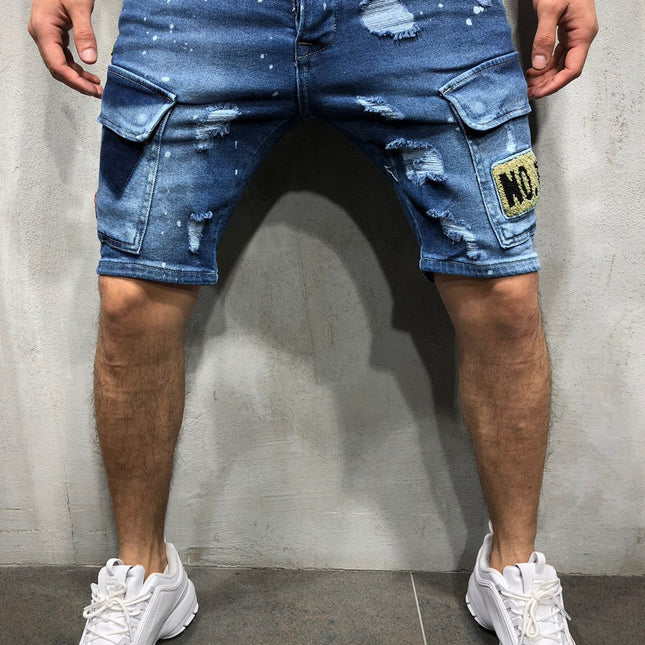 Wholesale Men's Ripped Slim Fit Badge Denim Shorts