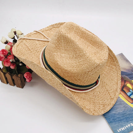 Men's Natural Raffia Western Cowboy Hat Women's Summer Sun Protection Straw Hat 