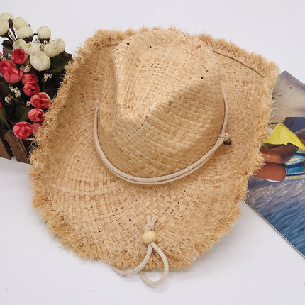 Raw Edge Wide Brim Cowboy Hat Raffia Straw Cuffed Hat Seaside Sun Protection Solid Color Straw Hat