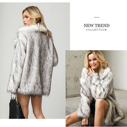 Wholesale Ladies White Bottom Black Tip Medium Length Faux Fur Coat