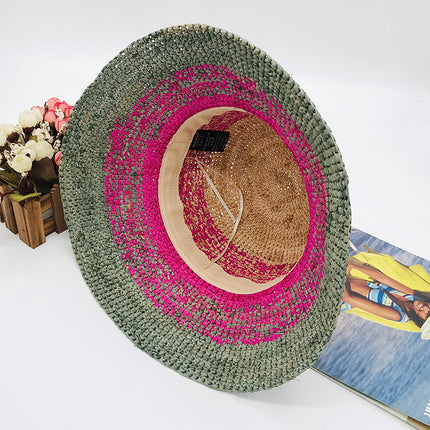 Women's Summer Sunshade Dome Flat Brim Wide Brim Warp Knitted Satin Straw Hat 