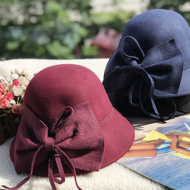 Wholesale Women's Autumn Winter Curly Bow Bucket Hat Woolen Gift Hat 