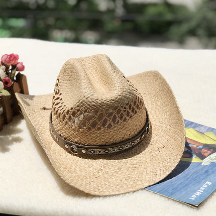 Wholesale Western Cowboy Hat Travel Sun Protection Hat Raffia Hand-knitted Curly Hat 