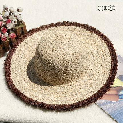 Wholesale Natural Raffia Hat Sun Protection Beach Hat Large Brim Fur Edge Colorful Dome Hat 