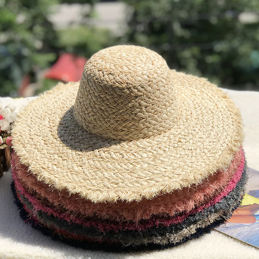Wholesale Natural Raffia Hat Sun Protection Beach Hat Large Brim Fur Edge Colorful Dome Hat 