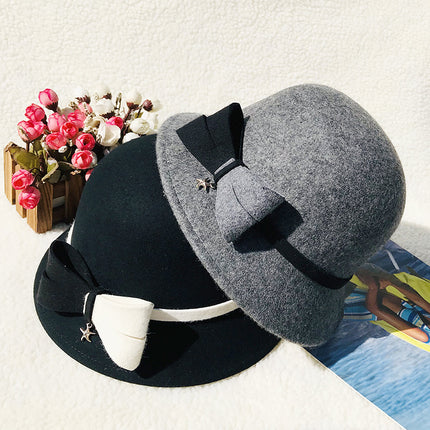 Wholesale Women's Fall Winter Woolen Hat Bucket Hat Bow Woolen Hat 