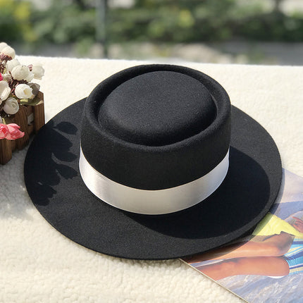 Women's Autumn and Winter Ring-shaped Flat-top Wool Felt Large-brimmed Hat and Basin Hat