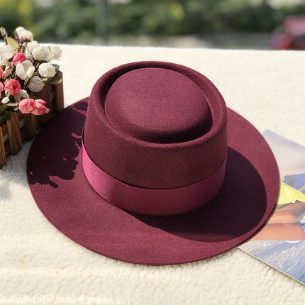 Women's Autumn and Winter Ring-shaped Flat-top Wool Felt Large-brimmed Hat and Basin Hat