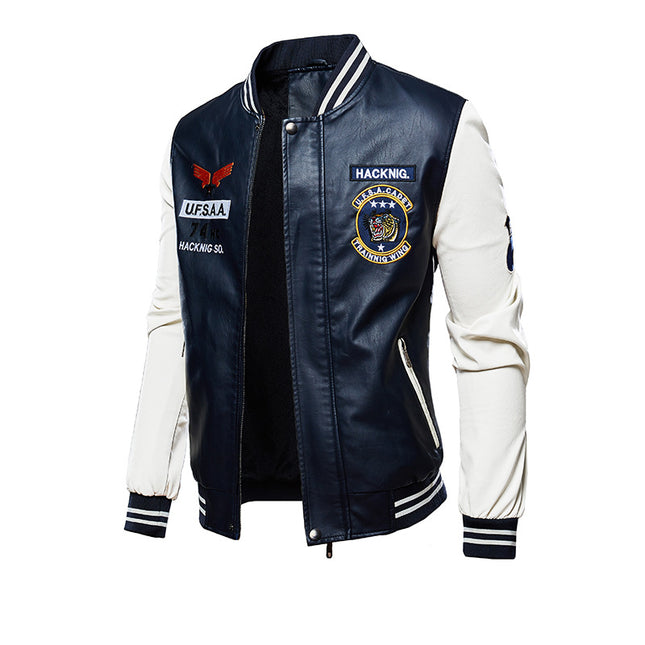 Wholesale Men's Spring Fall Embroidered Motorcycle PU Leather  Baseball Jacket