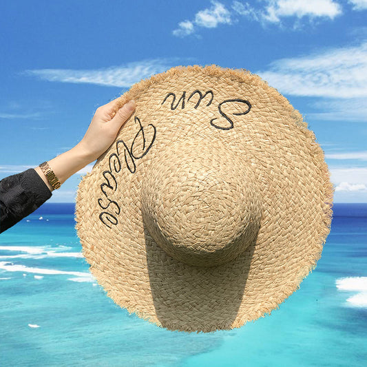 Women's Summer Foldable Beach Wide Brim Sun Hat Embroidered Letters Raffia Hat 