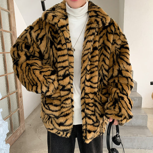 Wholesale Men Fall Winter Coat Loose Furry Faux Fur Tiger Leopard Print Coat