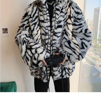Wholesale Men Fall Winter Coat Loose Furry Faux Fur Tiger Leopard Print Coat