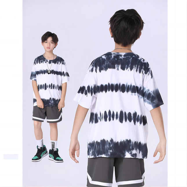 Wholesale Boys Summer Tie Dye Washed Old Black and White Short Sleeve T-Shirts