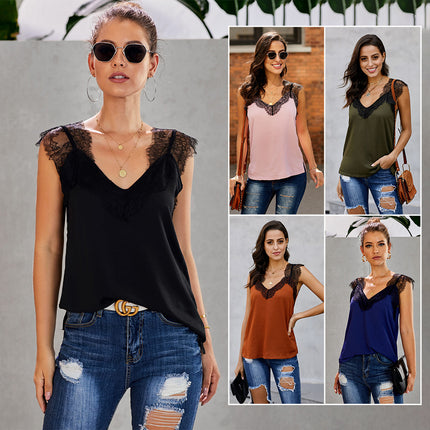 Wholesale Ladies Summer V Neck Lace Stitching Tank Top T-Shirt