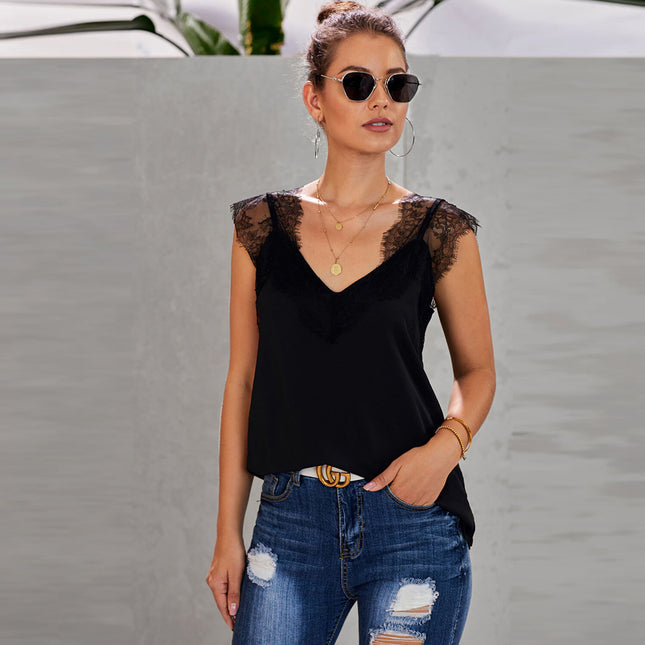 Wholesale Ladies Summer V Neck Lace Stitching Tank Top T-Shirt