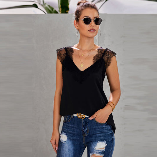 Wholesale Ladies Tank Top T-Shirt Summer V Neck Sleeveless Lace Stitching Camisole Top