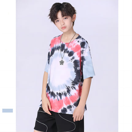 Wholesale Children Spring Summer Tie Dye Drop Shoulder Short Sleeve Dark Black T-Shirt