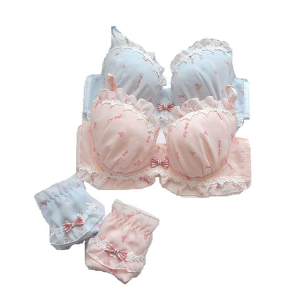 Cute Chiffon Printed Thin Cup Push-up Sexy Lingerie Bra Set for Girls