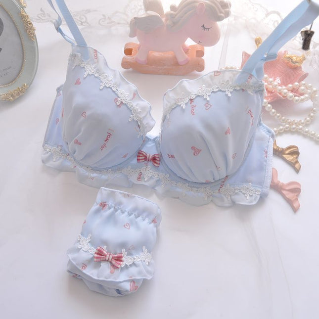 Cute Chiffon Printed Thin Cup Push-up Sexy Lingerie Bra Set for Girls