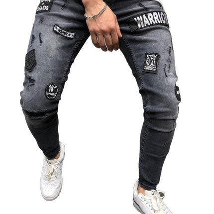 Wholesale Men's Skinny Black Ripped Badge Patch Petite Jeans