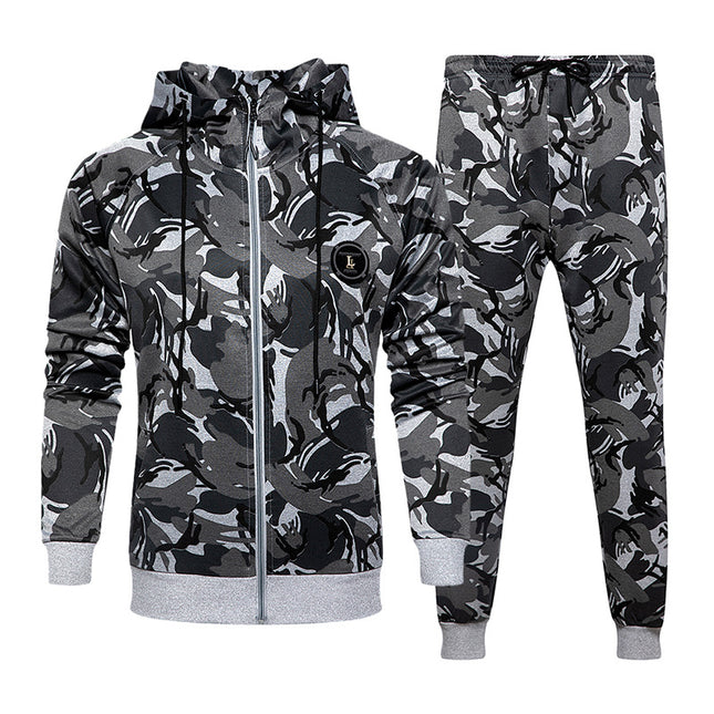 Wholesale Men's Casual Camouflage Zipper Cardigan Hoodies Two-piece Set