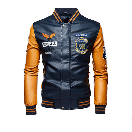Wholesale Men's Spring Fall Embroidered Motorcycle PU Leather  Baseball Jacket