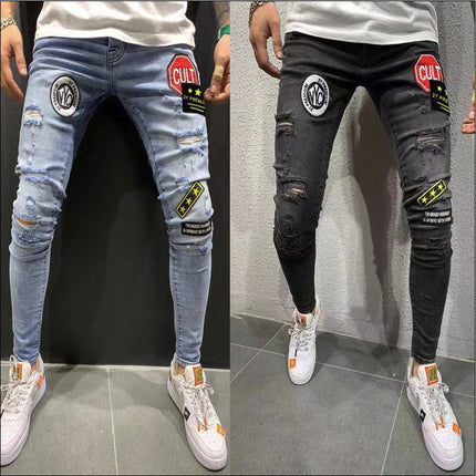 Wholesale Men's Badge Stretch Slim Fit Skinny Jeans