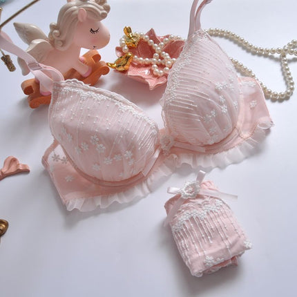 Wholesale Girls Sweet Hollow Flower Embroidery Deep V Thin Cup Bra Set