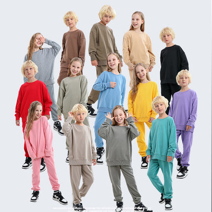Children's Round Neck Loose Solid Color Terry Hoodies & Joggers Set