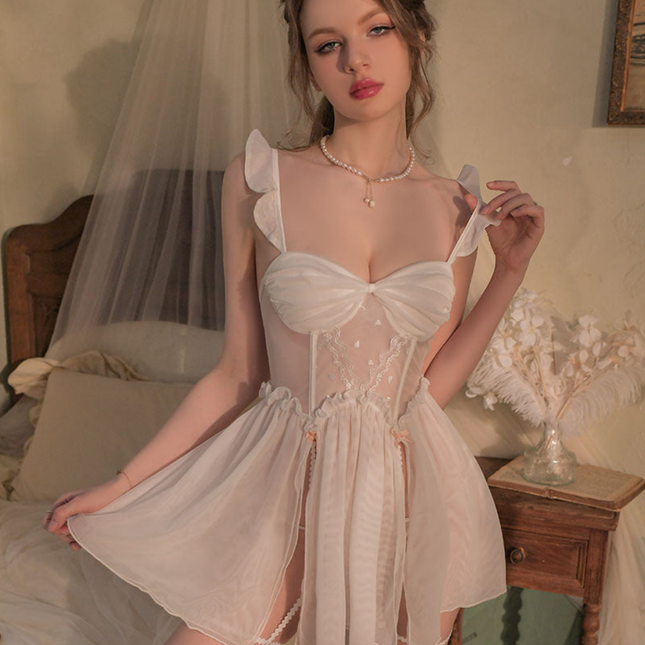 Wholesale Women's Sexy Mesh Bow See-through Slit Suspender Nightgown Suit