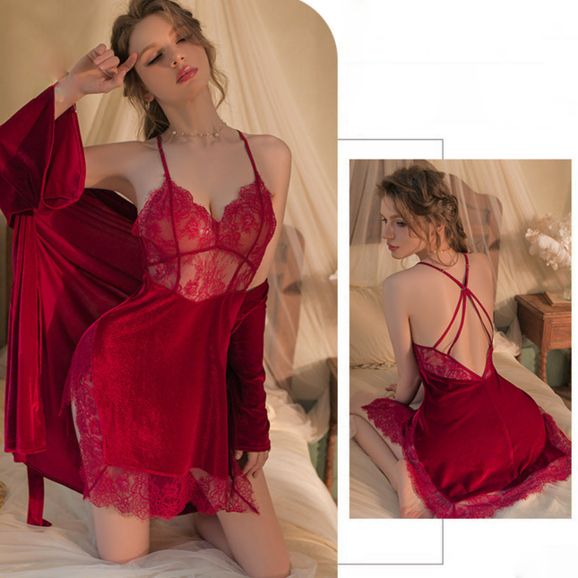 Wholesale Women's Spring Fall Velvet Lace See-through Sexy Pajama