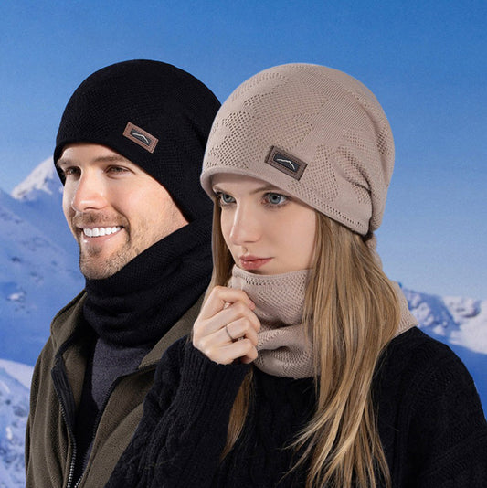 Winter Outdoor Plus Velvet Warm Knitted Ear Protection Hat Neck Scarf Two-piece Set