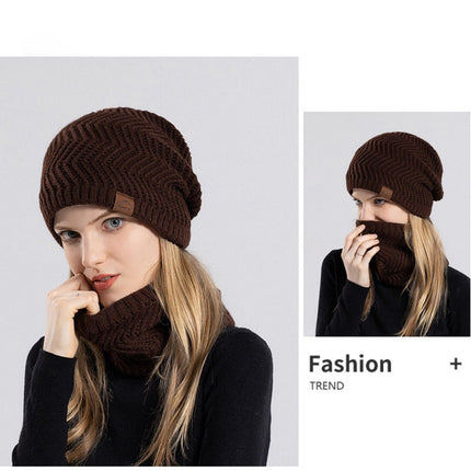 Winter Velvet Warm Outdoor Cycling Knitted Hat and Scarf Two-piece Set