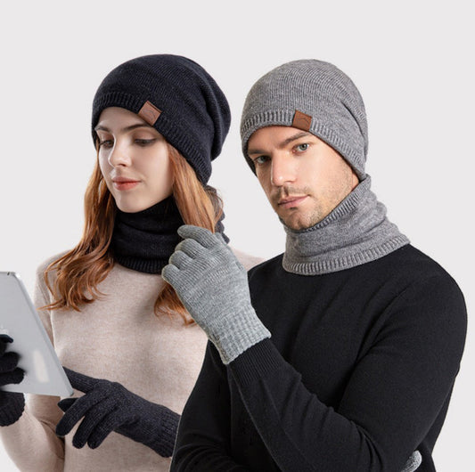Wholesale Winter Warm Plus Velvet Knitted Hat, Neck Scarf and Gloves Three-piece Set