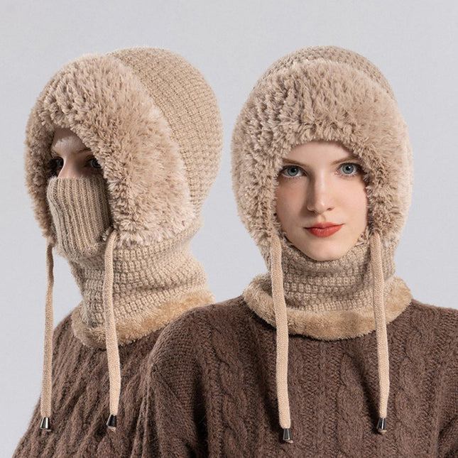 Women's Outdoor Cycling Plus Fleece Warm Knitted Mask Scarf One-piece Hood 