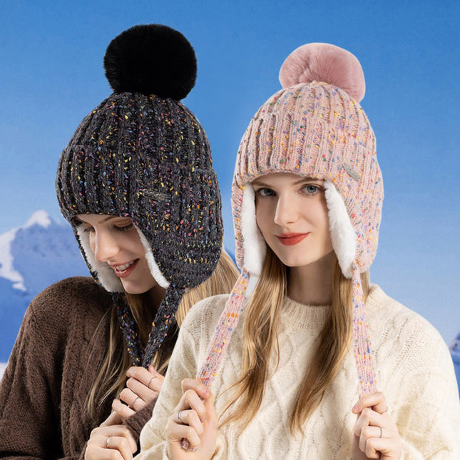 Wholesale Women's Winter Fur Ball Ear Protection Plush Warm Colorful Knitted Hat