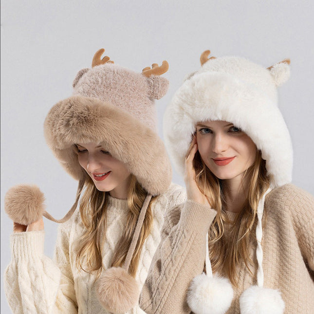 Women's Winter Outdoor Warm Fur Ball Antlers Ear Protection Knitted Hat