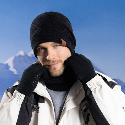 Men's Winter Outdoor Velvet Warm Knitted Hat, Gloves and Scarf Three-piece Set