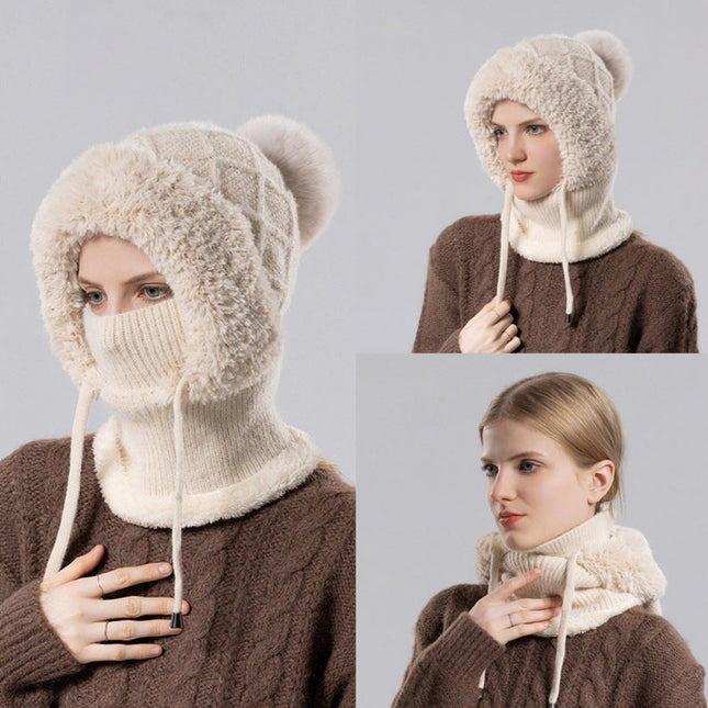Women's Winter Hat, Mask, Scarf, All-in-one Warm and Velvet Knitted Hat